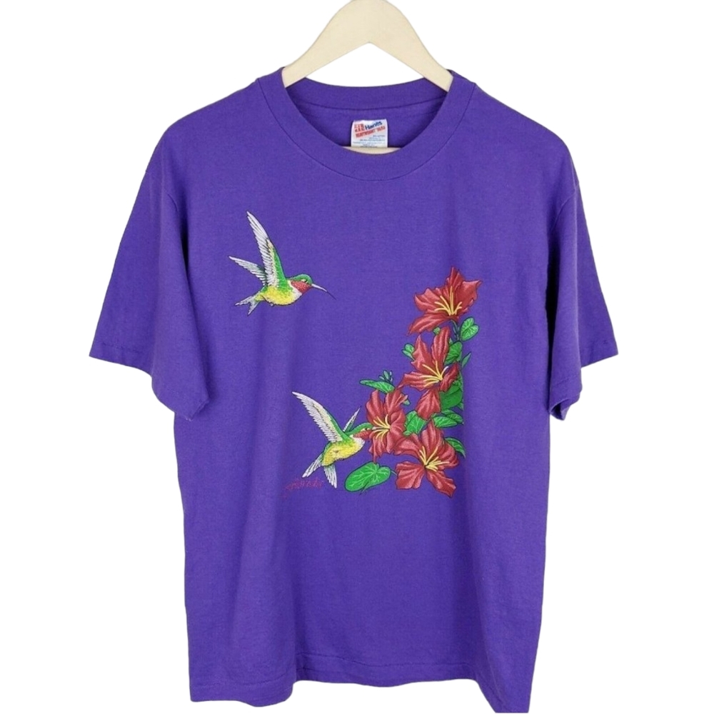 Vintage Single Stitch Florida Purple Hummingbird Retro 90s 80s T-shirt Size L